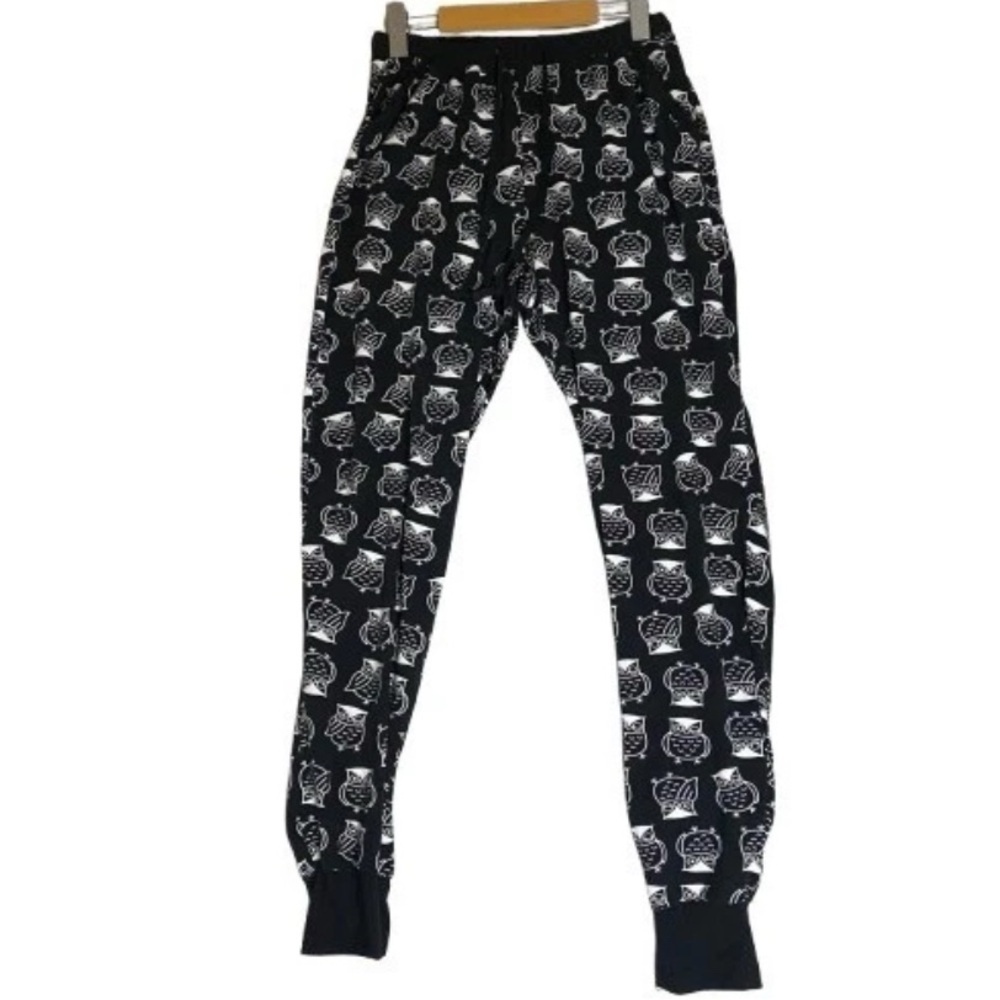 Yawn Black Loungewear Pajama Pants w Pockets All Over Print Owls Soft Comfy Sz S